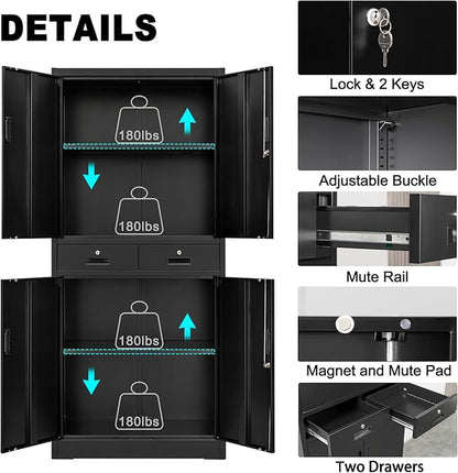 CMY Metal Storage Cabinet, 71" H x 32" W x 16" D Locking Storage Cabinet with Adjustable Shelves and 2 Drawers, Steel Cabinets for Office, Garage, Home, School, Utility Room(Black)