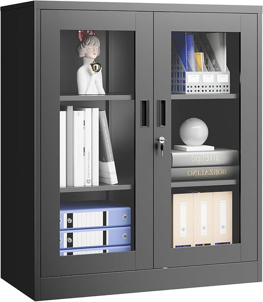 Display Cabinet with Acrylic Doors, 35.4 Inches Metal Curio Storage Cabinet with 2 Adjustable Shelves, Locking Display Case for Home, Office, Clinic, Pantry, Assemble Required (Black)