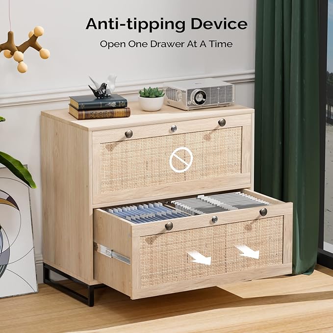 VINGLI Wood Rattan 2-Drawer Lateral File Cabinet with Lock for Home Office, Lockable Filing Cabinet with Rustic Metal Handles for Hanging Letter/A4/Legal Size Labeled Folders, Oak, 30W x 16D x 28H