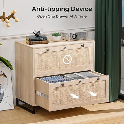 VINGLI Wood Rattan 2-Drawer Lateral File Cabinet with Lock for Home Office, Lockable Filing Cabinet with Rustic Metal Handles for Hanging Letter/A4/Legal Size Labeled Folders, Oak, 30W x 16D x 28H