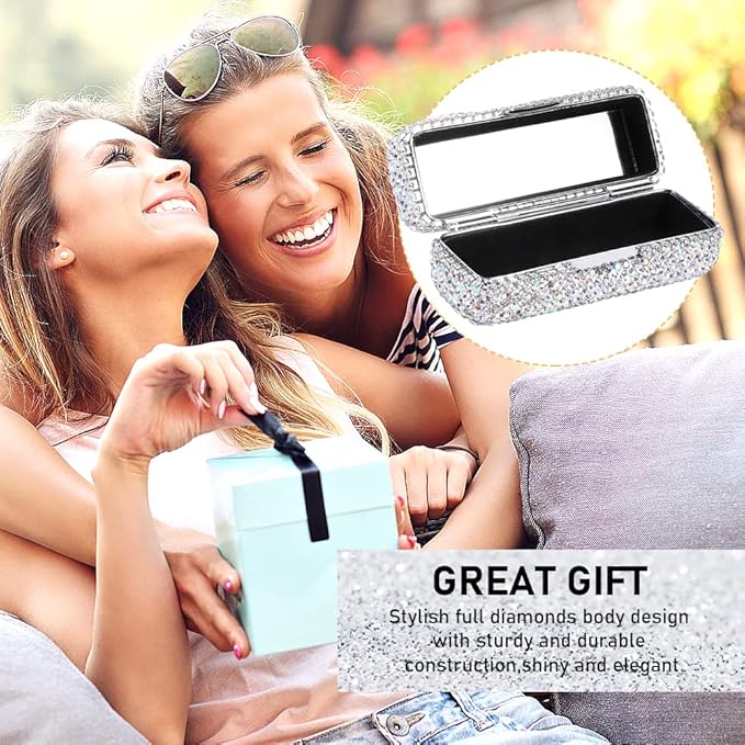 Rhinestone Lipstick Case with Mirror, Bling Crystal Lipstick Case Diamonds Makeup Cosmetic Storage Box Holder for Purse Ladies Fashion (Silver Color)