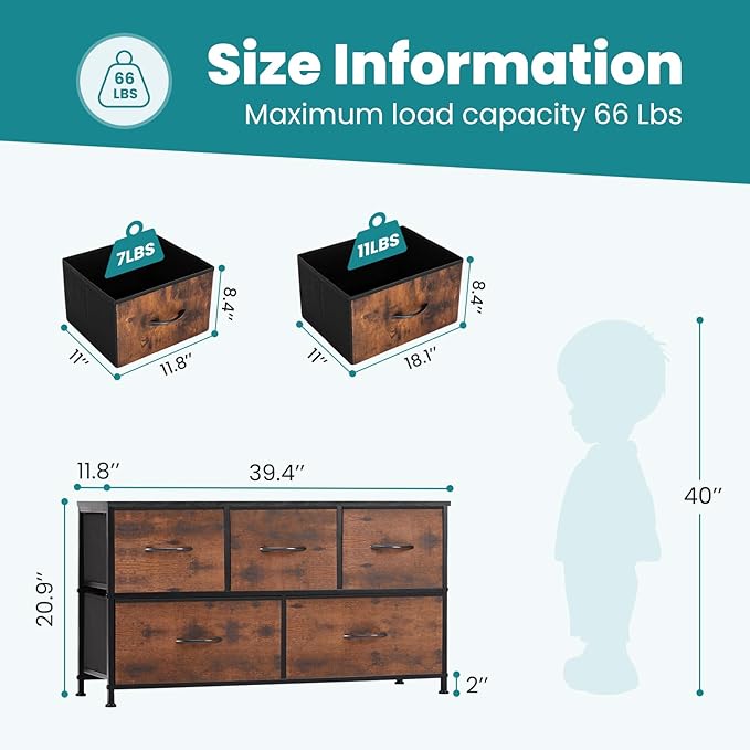 OLIXIS Dresser for Bedroom with 5 Drawers, Wide Chest of Drawers, Fabric Bedroom Dresser with Drawer Organizer, Storage Organizer Unit with Fabric Bins for Closet, Living Room, Hallway, Brown
