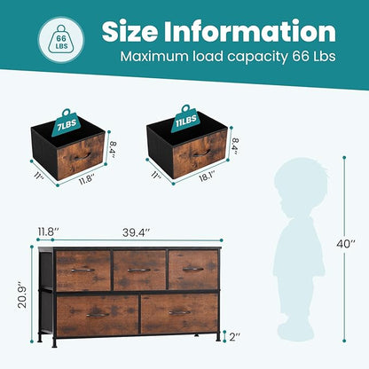 OLIXIS Dresser for Bedroom with 5 Drawers, Wide Chest of Drawers, Fabric Bedroom Dresser with Drawer Organizer, Storage Organizer Unit with Fabric Bins for Closet, Living Room, Hallway