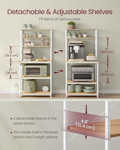 VASAGLE Bakers Rack with Power Outlet, 23.6 Inches Coffee Bar for Kitchen with Storage, 6-Tier Kitchen Shelves with 6 Hooks, Microwave Stand, Industrial, Golden Oak and Cloud White UKKS124Y03