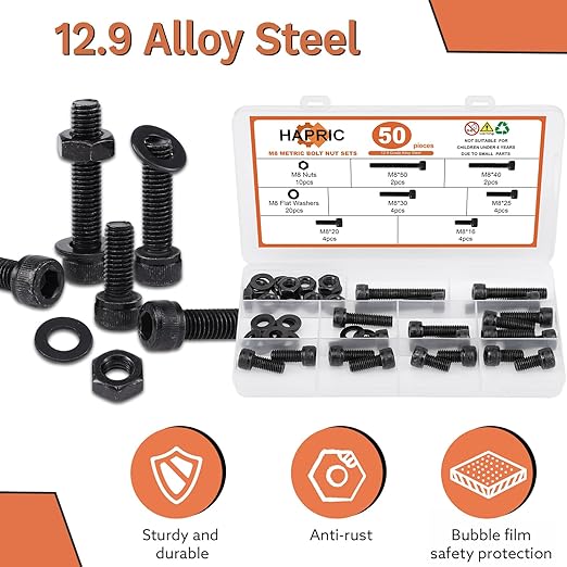 50 Pcs M8 Bolts Kit M8x 16/20/25/30/40/50 mm M8 Screw Kits, 12.9 Alloy Steel Black Zinc Plated Hex Socket Head Screws Nuts Bolts and Washers Set