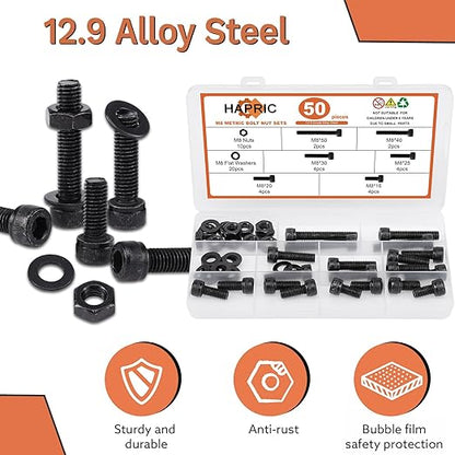 50 Pcs M8 Bolts Kit M8x 16/20/25/30/40/50 mm M8 Screw Kits, 12.9 Alloy Steel Black Zinc Plated Hex Socket Head Screws Nuts Bolts and Washers Set