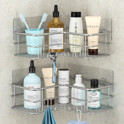 Menbyci 2 Pack Corner Shower Caddy, Adhesive Bathroom Shelf with 8 Hooks, Rustproof Stainless Steel Bathroom Organizer, No Drilling Shower Shelves Basket Wall Storage Rack Shampoo Holder (Silver)