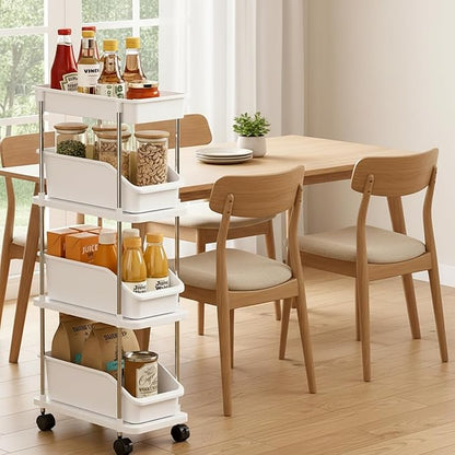 Slim Storage Cart 4 Tier Slim Rolling Utility Cart with Pull-Out Baskets & Wheels for Narrow Space in Kitchen Dining Room Bathroom Laundry Room Cream White (Width 6.3 Inches)