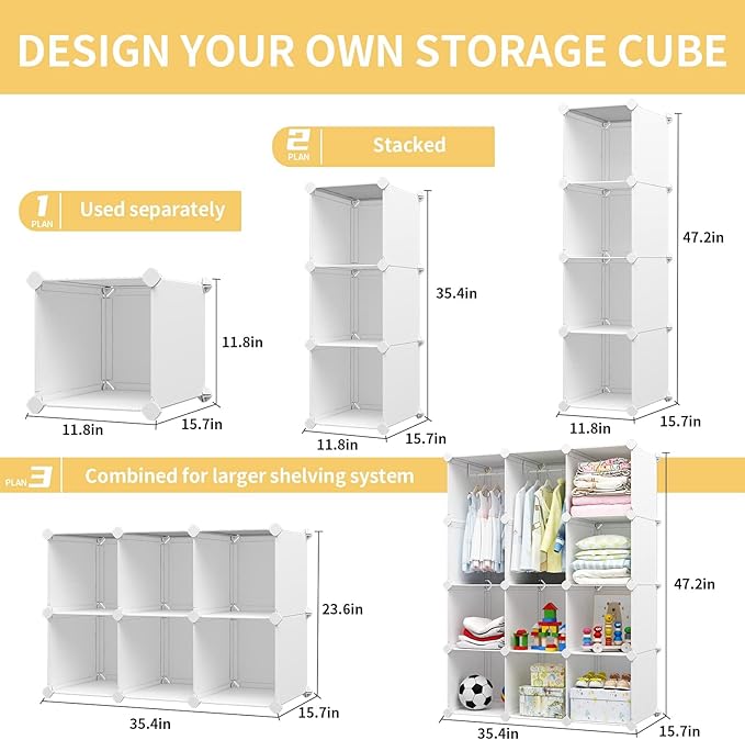 VIPZONE Baby Closet,Dresser, Kids Closet Organizers, Portable Kids Wardrobe for Closet, Bedroom, Nursery, Cubby, Cabinet, Clothes, Dress, Baby Storage Shelf, Armoire Clothes Hanging (12 Cube, White)