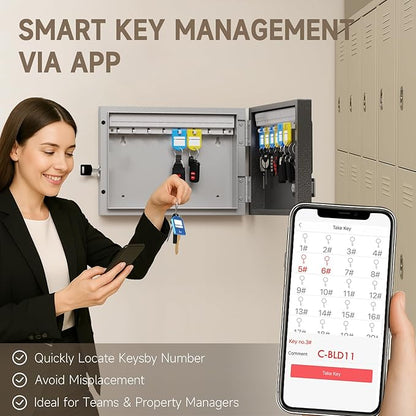 WeHere 16-Key Key Lock Box Wall Mount – Smart Key Cabinet with App, Keypad, Bluetooth & WiFi Unlock (Sold Separately), Key Organizer for Home, Access Log Tracking Key Management for Small Office