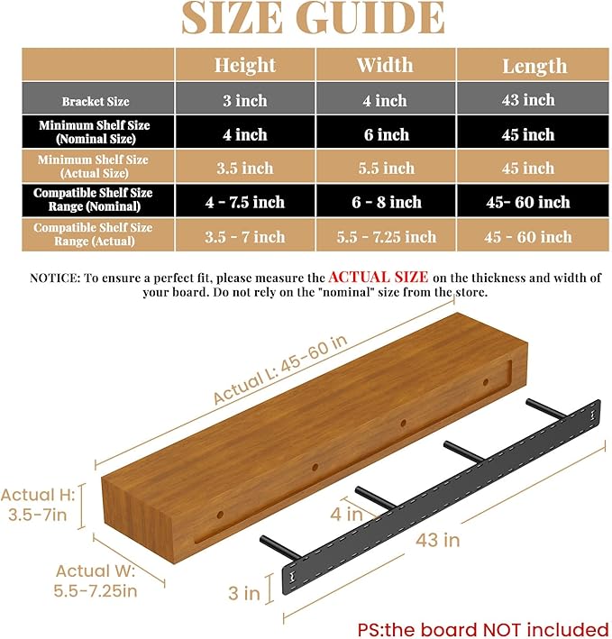 1 Pack Large Shelf Brackets Long Floating Shelf Bracket Invisible Floating Shelf Hardware Heavy Duty Floating Mantel Brackets(43"X4"X3" with Tools)