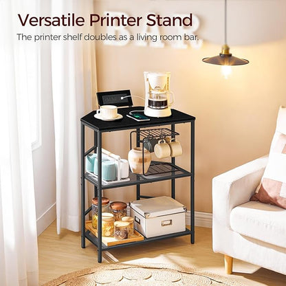 Corner Printer Stand with Charging Station, 3-Tier Large Printer Table with Adjustable Feet, Metal Frame Storage Shelf for Office, Living Room, Small Space, Black PTBK14E01