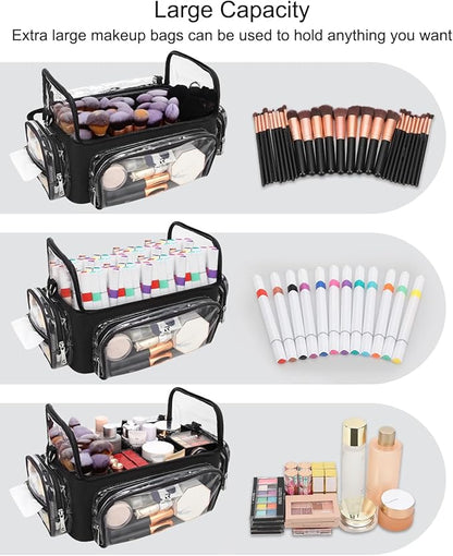 TANTO Makeup Brush Case, Clear Extra Large Cosmetic Organizer Holder Professional Makeup Artist Train Case with Adjustable Dividers&Strap Portable Makeup Brush Holder (02A-Black（XX Large）)