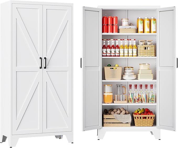Metal White Storage Cabinet with 2 Doors and 4 Adjustable Shelves,72" Tall Kitchen Pantry cabinets,Farmhouse Food Pantry Cabinet,5 Tier Freestanding Barn Door Cupboard for Kitchen Dining/Living Room
