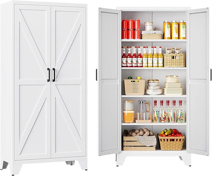 Metal White Storage Cabinet with 2 Doors and 4 Adjustable Shelves,72" Tall Kitchen Pantry cabinets,Farmhouse Food Pantry Cabinet,5 Tier Freestanding Barn Door Cupboard for Kitchen Dining/Living Room