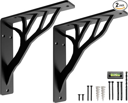 Rustic Tree Black Heavy Duty Shelf Brackets 10 inch by Balin Designs, Decorative L Brackets for Shelves, Metal Fireplace Mantel Large Shelf Bracket, Shelving Bracket, Included Hardware, Set of 2