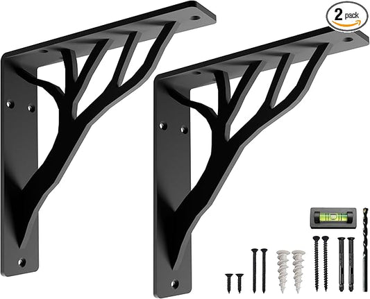 Rustic Tree Black Heavy Duty Shelf Brackets 10 inch by Balin Designs, Decorative L Brackets for Shelves, Metal Fireplace Mantel Large Shelf Bracket, Shelving Bracket, Included Hardware, Set of 2