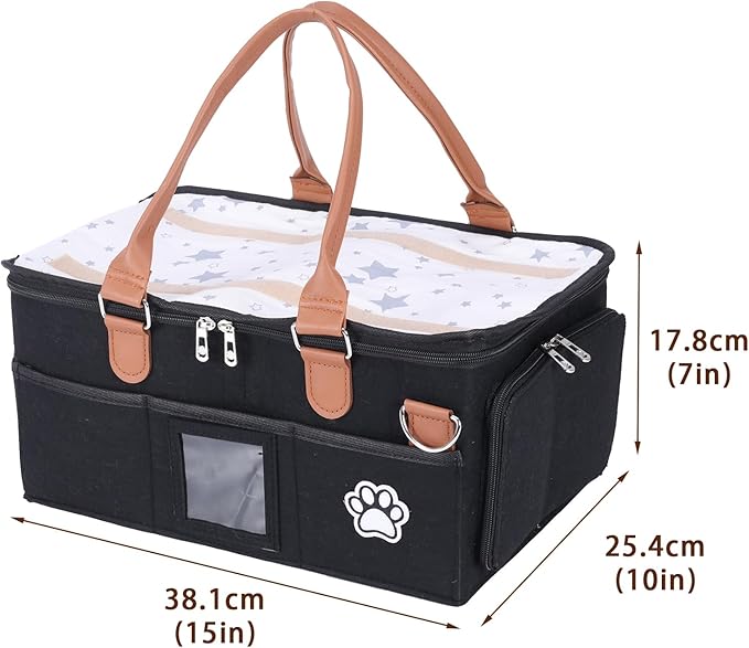 Felt Dog Grooming Bag,Portable Tote Bag for Dogs Cats,Dog Storage Organizer for Grooming Tool Kit,3 Compartments Pet Stuff Oganizers with 8 Pockets-Black