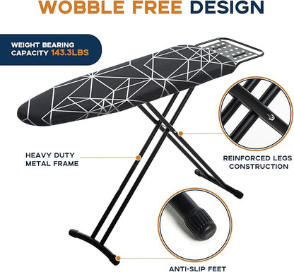 Ironing Board 43x13, Compact Iron Board Full Size with Heavy Duty Iron Rest, Thick Padded Cover, Adjustable Height, Sturdy Lightweight Steel Legs, Black