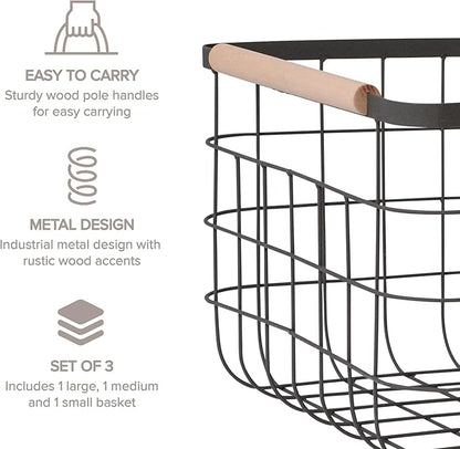 RGI Home Dog Toy Storage Baskets – Set of 3 Rectangular Metal Organizer Bins for Pet and Household Storage, Multi-Sized with Wood Accents, Durable and Rustic, Antique Gray Metal