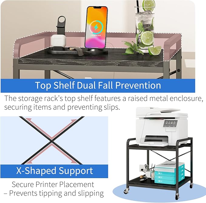 Under Desk Printer Stand with Power Outlet Large Printer Table with Adjustable Shelf,Industrial Wheels, 20 Inches Deep 2 Tier Rolling Printer Cart for Home Office, Black