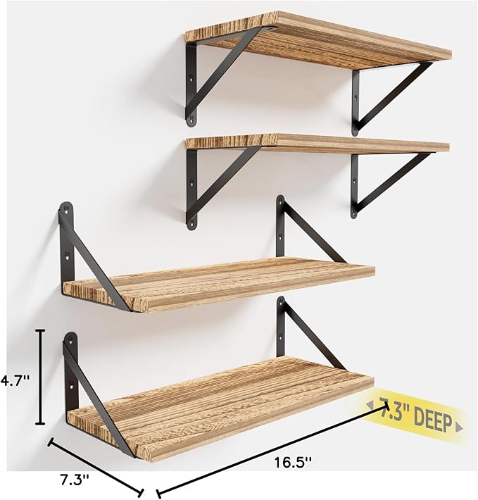 Wall Shelves 7.3" Deep Set of 4, Solid Paulownia Wood Wider Longer Sturdy Easy to Install Wall Mounted Bookshelves Storage Shelves Bathroom Home Office Laundry Room Bedroom Organizer
