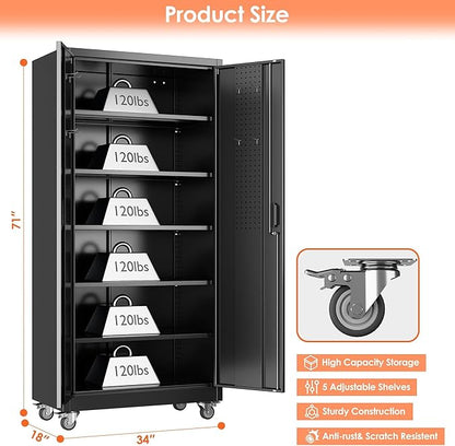 Garage Storage Cabinet with Wheels & Pegboard, Lockable Metal Storage Cabinet with Doors and 5 Adjustable Shelves for Garage, Home, Storage, Assembly Required, Black, 71" H×34" W×18" D