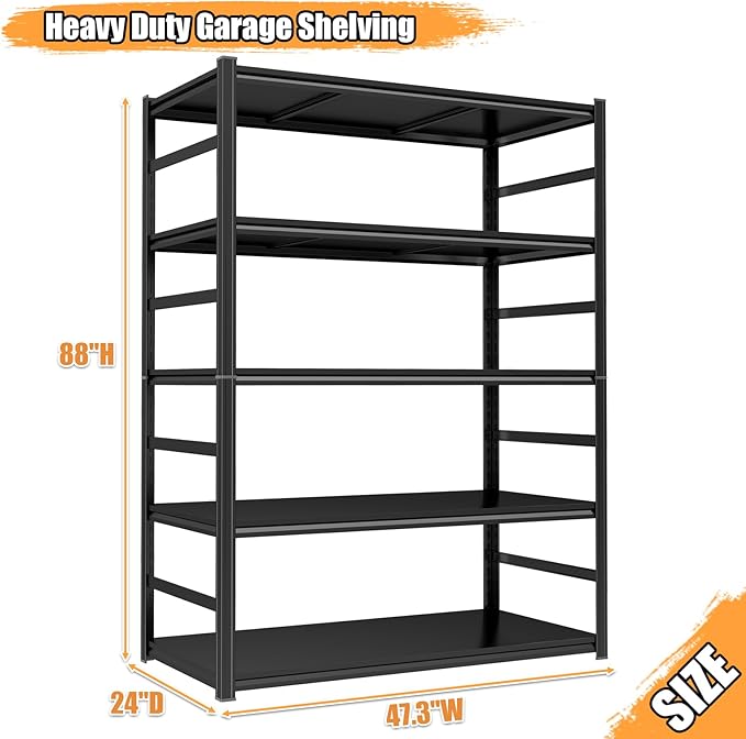 Heavy Duty Metal Garage Shelving Unit, 5 - Tier Adjustable Large Storage Shelves, 3000LBS for Garage & Basement and Pantry Industrial Steel Rack, Ideal for Tool Organization & Storage, Black, 88"H