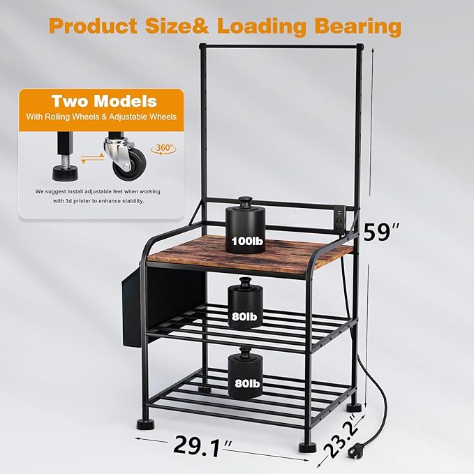 3D Printer Stand with Filaments Storage, 3D Printer Table with Storage, Heavy Duty Rolling 3D Printer Stand with 2-Tier Dustproof Shelves, Table for 3D Printer for Workshop Studio Office