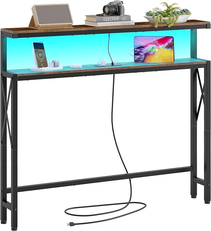 FAVOOSTY 5.9" Narrow Console Table with Led Light and Charging Station 46.8" Behind Couch Table Skinny Sofa Table with Power Outlets for Living Room, Hallway, EntryWay, Rustic Brown&Black