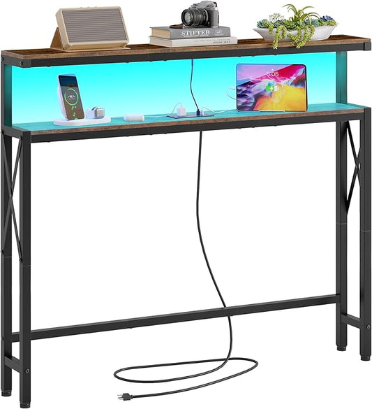 FAVOOSTY 5.9" Narrow Console Table with Led Light and Charging Station 46.8" Behind Couch Table Skinny Sofa Table with Power Outlets for Living Room, Hallway, EntryWay, Rustic Brown&Black