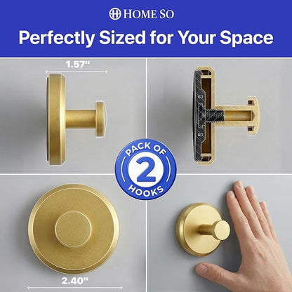 HOME SO Suction Cup Hooks for Shower & Bathroom Towel Holder 2-Pack – Suction Cups Hooks for Hanging Towels, Robes, & Coats - Tiles, Glass Door or Mirror – Shower Hooks & Towel Hooks Organizer - Gold