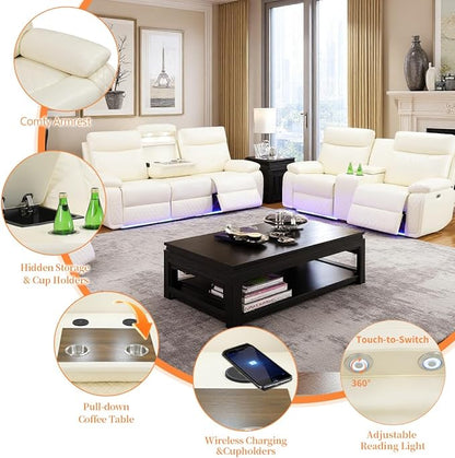 3 Seat Recliner Sofa for Living Room,Living Room Furniture Sets Recling Couch with LED,Soft Beige Leather Power Reclining Sofa with Cup Holders,Storage,Breathing Leather for Home/Office
