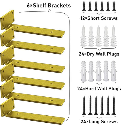 YMDparts Heavy Duty Shelf Brackets, 5mm Thick Rustic Gold Shelf Brackets for Custom Wood Shelves, 12 Inch Solid Steel Wall Mount Brackets with Hardware Needed (6Pcs)
