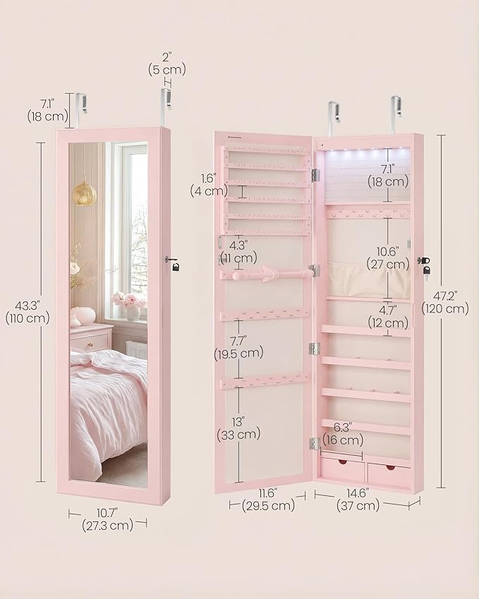 SONGMICS 6 LEDs Mirror Jewelry Cabinet, 47.2-Inch Tall Lockable Wall or Door Mounted Jewelry Armoire Organizer with Mirror, 2 Drawers, 3.9 x 14.6 x 47.2 Inches, Jelly Pink UJJC093SA02S