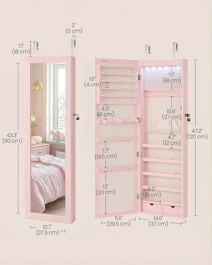 SONGMICS 6 LEDs Mirror Jewelry Cabinet, 47.2-Inch Tall Lockable Wall or Door Mounted Jewelry Armoire Organizer with Mirror, 2 Drawers, 3.9 x 14.6 x 47.2 Inches, Jelly Pink UJJC093SA02S