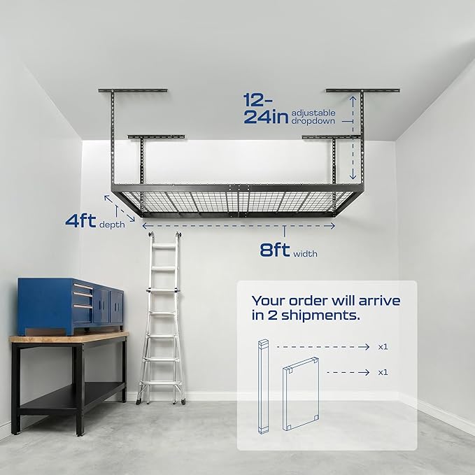 MonsterRax Overhead Garage Storage Rack - 4 x 8 Ceiling Racks for Garage Shelving, Organization, Adjustable Hanging Storage, Grey, 12"- 21" Height Adjustment