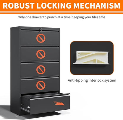5 Drawer Lateral File Cabinet with Lock,Heavy Duty Large Metal Filing Cabinet Home Office Horizontal File Cabinets Wide Steel Cabinet for Legal/Letter Size File,Assembly Required