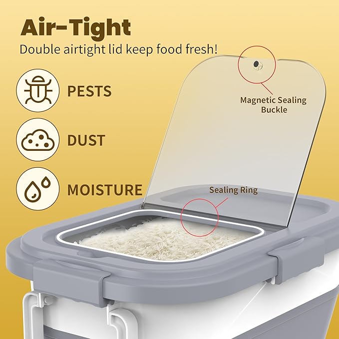 HOYTAMDA 20-30Lbs Rice Container,Collapsible Airtight Food Storage Containers with Wheels,Handle,Rice Storage Container with Small Bin and Scoop