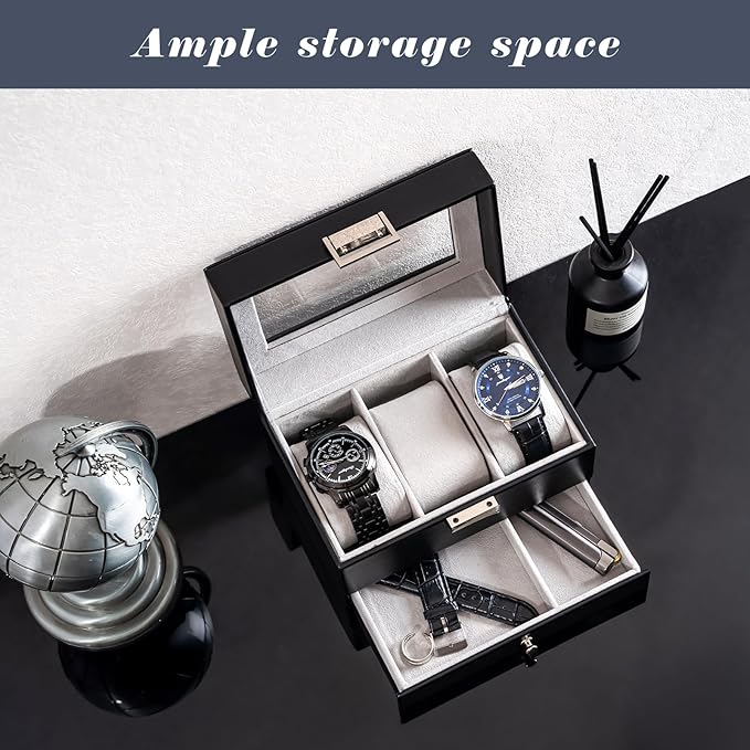 ProCase Watch Box, 3 Slot Watches Display Case with Drawer, Mens Watch Case with Glass Lid, 2-Layer Mens Jewelry Organizer Storage Holder, Birthday Valentine Gifts for Men-3 Slot, Black