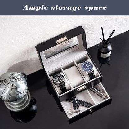 ProCase Watch Box, 3 Slot Watches Display Case with Drawer, Mens Watch Case with Glass Lid, 2-Layer Mens Jewelry Organizer Storage Holder, Birthday Valentine Gifts for Men-3 Slot, Black