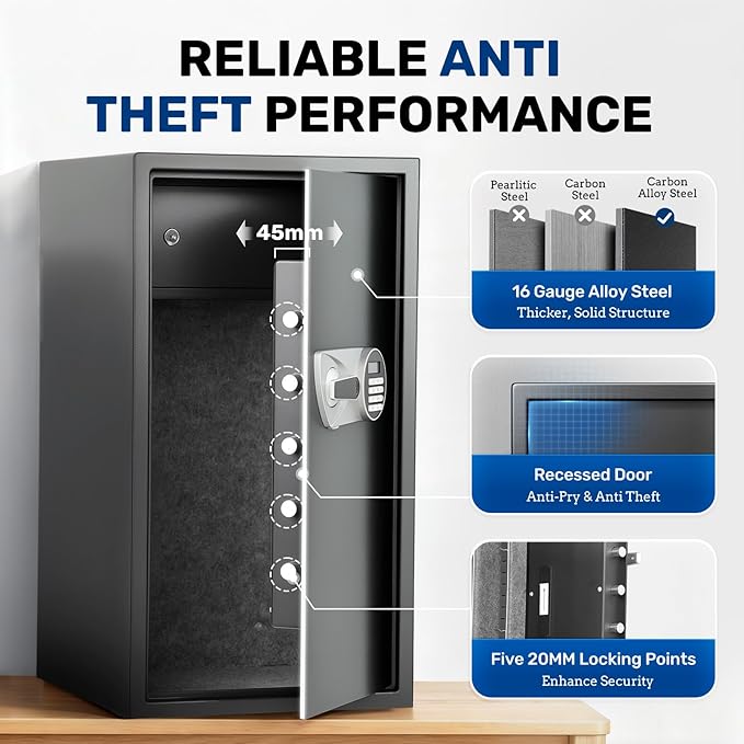 BlackSmith Large Home Safe 3.9 Cub Fingerprint Security Safe with LCD Display Dual Alarm Adjustable Shelves Wall Mount Lock Box Secure Money Jewelry with Individual Lockbox LED Light, Black