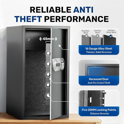 BlackSmith Large Home Safe 3.9 Cub Fingerprint Security Safe with LCD Display Dual Alarm Adjustable Shelves Wall Mount Lock Box Secure Money Jewelry with Individual Lockbox LED Light, Black