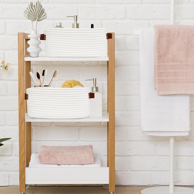 ABenkle Small White Basket with Handle, Soft Woven Storage Bins Baskets for Cat and Dog Toys Organizer, Decorative Shelves Closet Organizing Basket Chest Box, Empty Gift Baskets