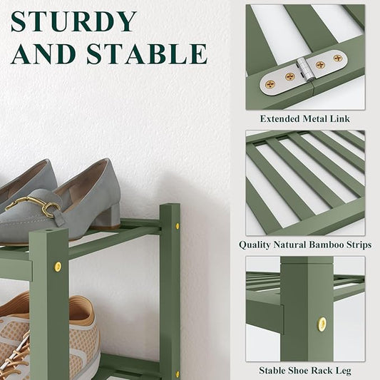 Smiry Bamboo Shoe Rack for Closet, 5 Tier Long Wooden Stackable Shoe Organizer, Free Standing Shoes Storage Shelf for Entryway, Front Door Entrance, Green