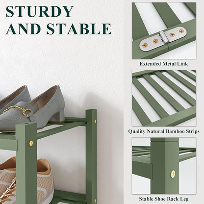 Smiry Bamboo Shoe Rack for Closet, 4 Tier Wooden Stackable Shoe Organizer, Free Standing Shoes Storage Shelf for Entryway, Front Door Entrance, Green