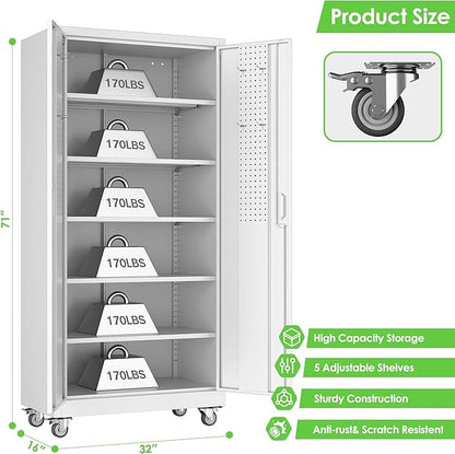 71" H Garage Storage Cabinet with Wheel, Metal Storage Cabinet with Doors,5 Adjustable Shelves and Pegboard for Garage Home Office,Required Assembly,White,71" H×32" W×16" D
