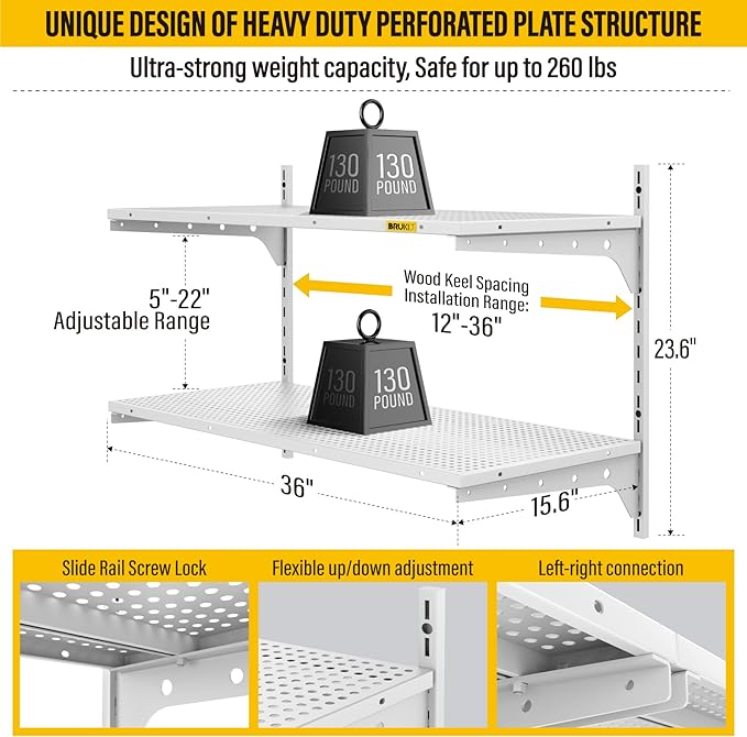 2 Tier 1.3x3ft Garage Shelving Wall Mounted, 15.6x36inch per Shelf Height Cassette Adjustable Floating Shelves, (White)