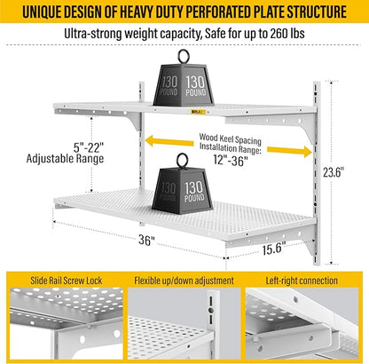 2 Tier 1.3x3ft Garage Shelving Wall Mounted, 15.6x36inch per Shelf Height Cassette Adjustable Floating Shelves, (White)
