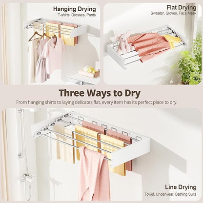 Wall Mounted Clothes Drying Rack Folding Indoor, Foldable Laundry Drying Rack Collapsible,Invisible, Space Saving, Retractable Towel Drying Rack, with Wall Template(5 Drying Rods, White 32")